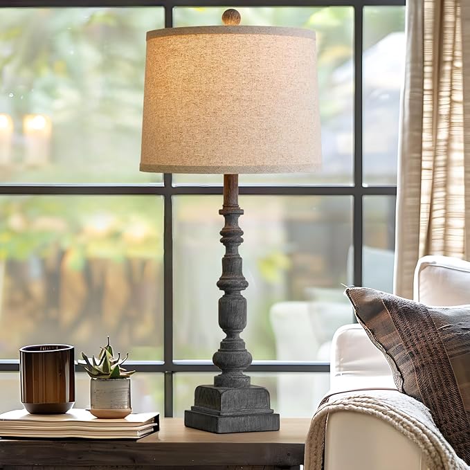 Oneach 27.75" Single Table Lamp for Living Room, Farmhouse Bedside Lamps with Dual USB Port for Bedroom Kids Room Dorm Office, Rustic Lamps for End Table Nigntstand Resin… - LeafyLoom
