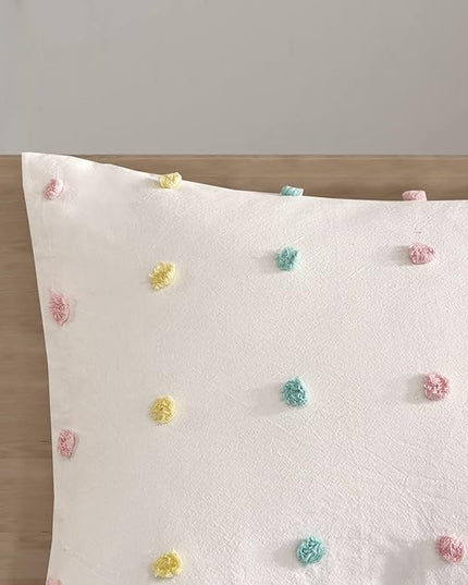 Duvet Cotton Jacquard Weave Colorful Poms Accent, Shabby Chic Cover for Comforter Cozy Bedding Set, Matching Shams, Decorative Pillows, Full Queen, Multi, 5 Piece - LeafyLoom
