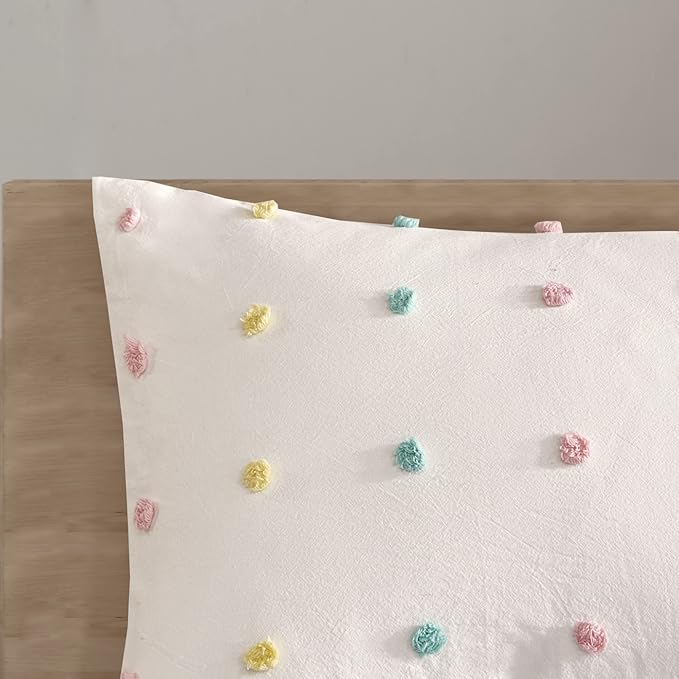 Duvet Cotton Jacquard Weave Colorful Poms Accent, Shabby Chic Cover for Comforter Cozy Bedding Set, Matching Shams, Decorative Pillows, Full Queen, Multi, 5 Piece - LeafyLoom