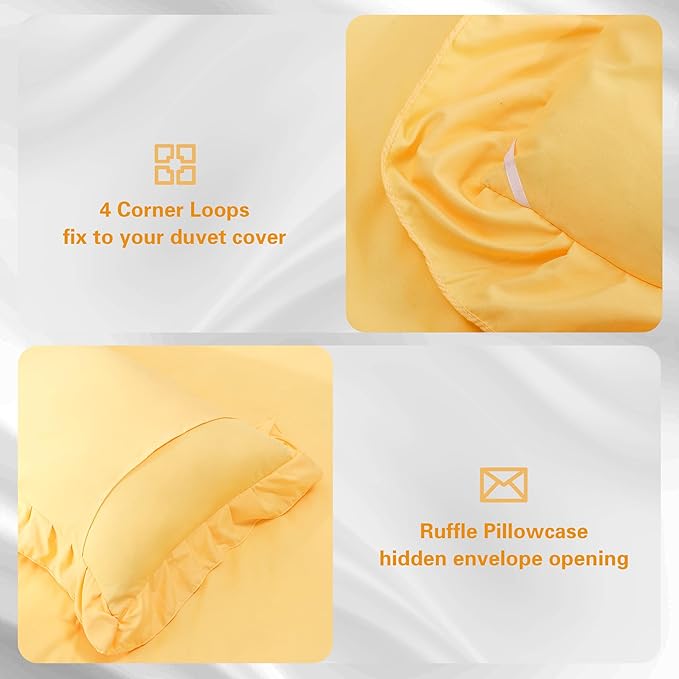 Yellow Double Ruffle Comforter Set Queen Size (90x90 Inch), 3 Pcs Farmhouse Vintage Comforter Set (1 Ruffled Comforter and 2 Pillowcase), Rustic All Season Down Alternative Bedding Set - LeafyLoom
