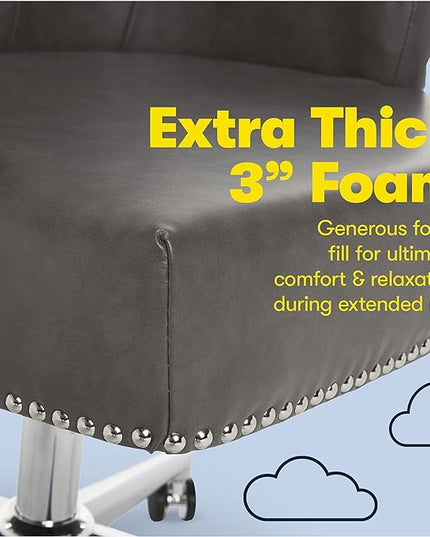 Serta Leighton Modern Office Chair, Stylish Mid-Back Desk Chair, Rivet Detail, Serta Quality Memory Foam, Armchair with Wheels, Vanity Chair, Swivel Chrome Metal Base, Bonded Leather, Gray - LeafyLoom