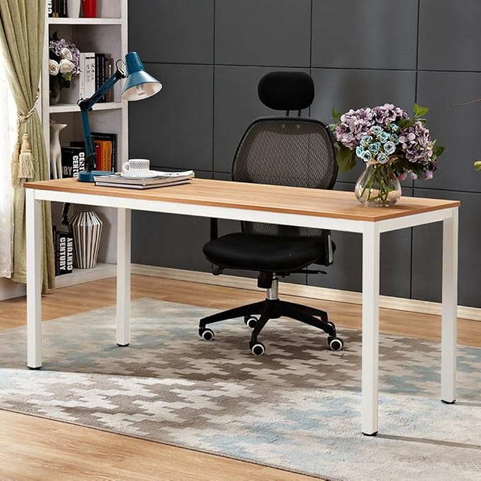SogesGame Computer Desk, 63 inches Office Desk Computer Table Study Writing Desk Workstation for Home Office, Dining Table Teak White - LeafyLoom