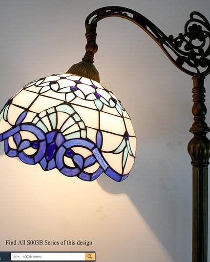 WERFACTORY Tiffany Floor Lamp Navy Blue White Stained Glass Arched Lamp 12X18X64 Inches Gooseneck Adjustable Corner Standing Reading Light Decor Bedroom Living Room S003B Series - LeafyLoom