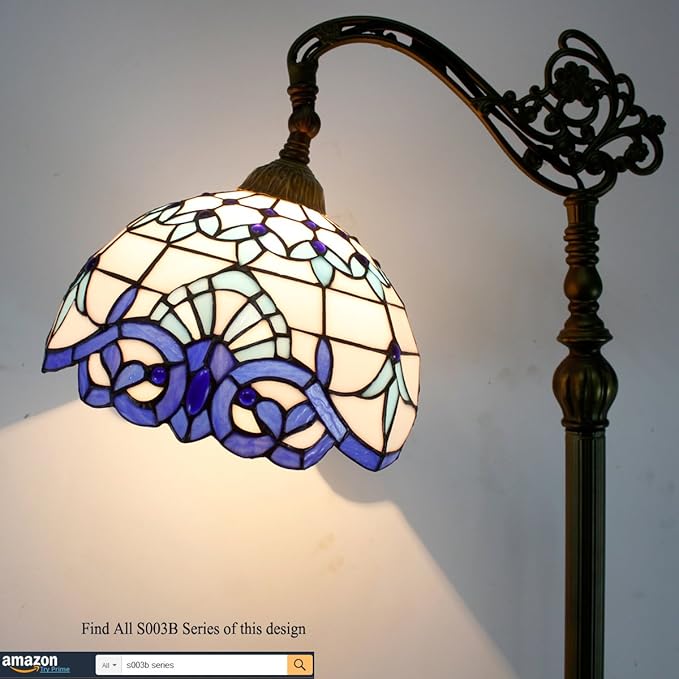 WERFACTORY Tiffany Floor Lamp Navy Blue White Stained Glass Arched Lamp 12X18X64 Inches Gooseneck Adjustable Corner Standing Reading Light Decor Bedroom Living Room S003B Series - LeafyLoom