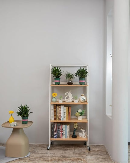 No-Assembly Folding Bookshelf Storage Rack Shelves with Castors 4 Tiers Vintage Bookcase Standing Racks Multifunctional Plant Flower Stand Study Organizer for Home Office (Wood,White) - LeafyLoom
