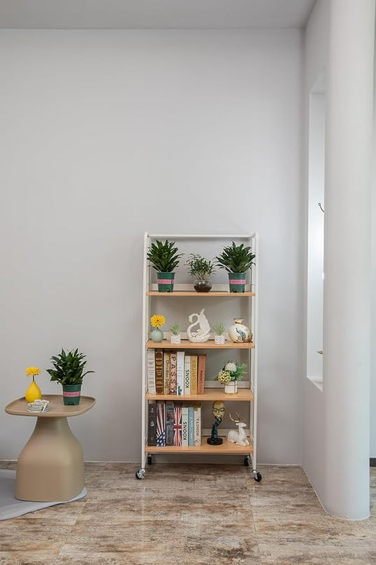 No-Assembly Folding Bookshelf Storage Rack Shelves with Castors 4 Tiers Vintage Bookcase Standing Racks Multifunctional Plant Flower Stand Study Organizer for Home Office (Wood,White) - LeafyLoom