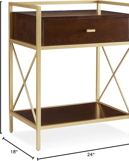 Leick Home 9069-WA One Drawer Nightstand Side Table Contemporary Modern USB-C Fast Charging Station A/C USB Charging Port Integrated Durable Solid Metal Wood Living Room Bedroom Office Walnut and Gold - LeafyLoom