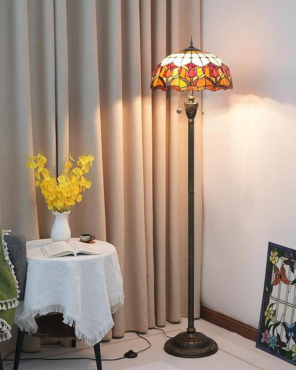 Tiffany Floor Lamp Red Tulip Style Stained Glass lamp for Living Room Bedroom Office Bright Lighting Rustic Corner Deco Standing Tall Unique Vintage Reading Unique Bronze Reading Aesthetic - LeafyLoom