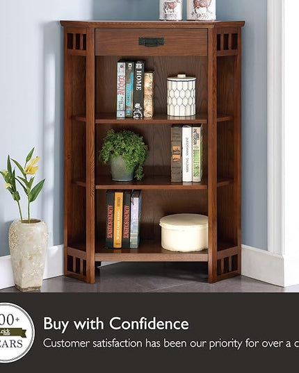 Leick Home Mantel Height Corner Bookcase with Drawer Storage, Made with Solid Wood, for Entryway, Living Rooms, Home Office, Bedroom, Mission Oak Finish, 12"D x 32"W x 50"H, Brownbronze - LeafyLoom
