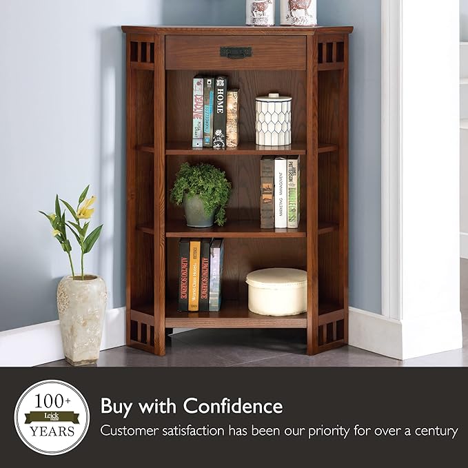 Leick Home Mantel Height Corner Bookcase with Drawer Storage, Made with Solid Wood, for Entryway, Living Rooms, Home Office, Bedroom, Mission Oak Finish, 12"D x 32"W x 50"H, Brownbronze - LeafyLoom