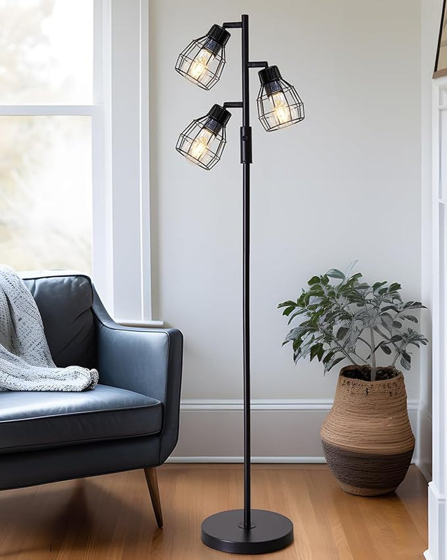 Oneach 64.25" Modern Floor Lamp for Living Room Black Floor Lamp for Bedroom Stand up Lamp for Office Industrial Tall Lamps with Rotary Switch with 3 Metal Lamp Head Adjustable（Bulbs Included） - LeafyLoom