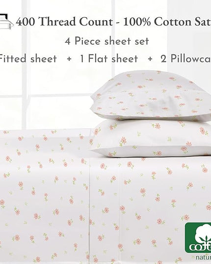 California Design Den Floral King Sheet Set, 400 Thread Count 100% Cotton Sateen 4 Pc King Bed Sheets, Deep Pocket Sheets & Pillowcase Set - Soft Floral - LeafyLoom