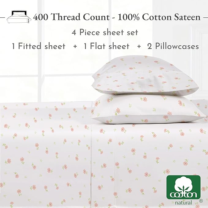 California Design Den Floral King Sheet Set, 400 Thread Count 100% Cotton Sateen 4 Pc King Bed Sheets, Deep Pocket Sheets & Pillowcase Set - Soft Floral - LeafyLoom