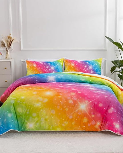 Holawakaka Girls Ombre Glitter Comforter Set, Twin Size Gradient Rainbow Galaxy Print Kids Bedding Sets, Multi-Color Ultra-Soft Dorm Bed Set (Multi-color,Twin) - LeafyLoom