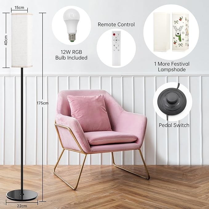 Smart RGB Floor Lamp for Living Room, Bedroom, Modern LED Standing Tall Lamp, WiFi Music Smart Corner Lamp with Remote Control, Dimmable, Compatible with Alexa and Google Home (2 lampshades) - LeafyLoom