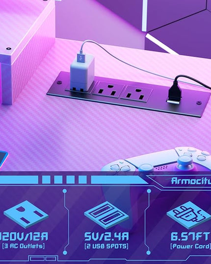 Gaming Computer Desk with Outlets and Storage Shelves, Pink Gaming Desk with Hutch and LED Lights, PC Gaming Desk with Pegboard for Bedroom, Carbon Fiber Pink, 47'' - LeafyLoom