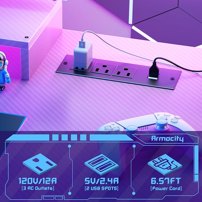 Gaming Computer Desk with Outlets and Storage Shelves, Pink Gaming Desk with Hutch and LED Lights, PC Gaming Desk with Pegboard for Bedroom, Carbon Fiber Pink, 47'' - LeafyLoom