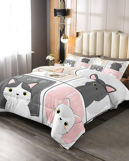Erosebridal Kawaii Cats Comforter Set King,Pink Grey Cute Little Cat Down Comforter Adorable Kitten Animal Bedding Set for Kids Boys Girls Patchwork Cartoon Doodle Quilt Duvet Set with 2 Pillow Cases - LeafyLoom