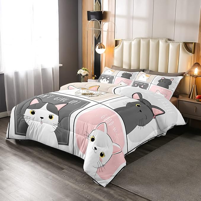 Erosebridal Kawaii Cats Comforter Set Queen,Pink Grey Cute Little Cat Down Comforter Adorable Kitten Animal Bedding Set For Kids Boys Girls Patchwork Cartoon Doodle Quilt Duvet Set With 2 Pillow Cases - LeafyLoom