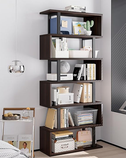 Bookshelf geometric bookcase S Shaped industrial bookshelf Storage Display Stand Shelf for Living Room Bedroom and office Room (Black, 6 Tier) - LeafyLoom