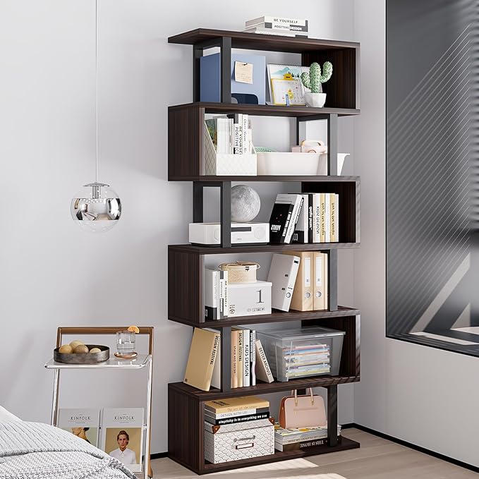 Bookshelf geometric bookcase S Shaped industrial bookshelf Storage Display Stand Shelf for Living Room Bedroom and office Room (Black, 6 Tier) - LeafyLoom