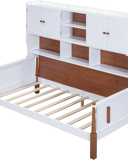 Twin Size Platform Bed with Multiple Storage, No Box Spring Required,Easy to Assemble,Wood Bed Frame for Bedroom/Apartment/Guest-Room,White+Walnut - LeafyLoom