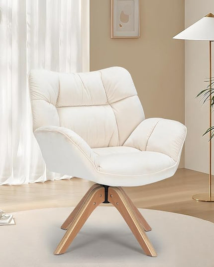 Fabric Accent Chair, Modern Cozy Vanity Chair with Wood Legs, Upholstered Single Boucle Armchair Single Sofa for Living Room Bedroom Office Guest Room Dining Room (Beige) - LeafyLoom
