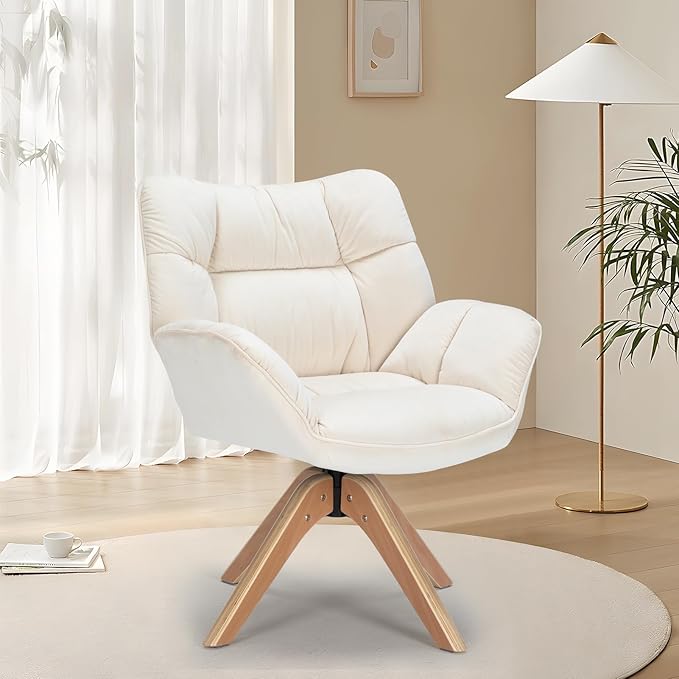 Fabric Accent Chair, Modern Cozy Vanity Chair with Wood Legs, Upholstered Single Boucle Armchair Single Sofa for Living Room Bedroom Office Guest Room Dining Room (Beige) - LeafyLoom