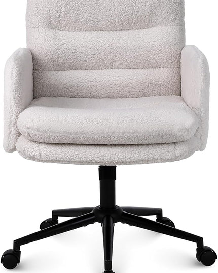 Adjustable Height Home Office Chair, Modern Mid Back Computer Desk Chair with Wheels, Ergonomic Upholstered Swivel Chair, Cream - LeafyLoom