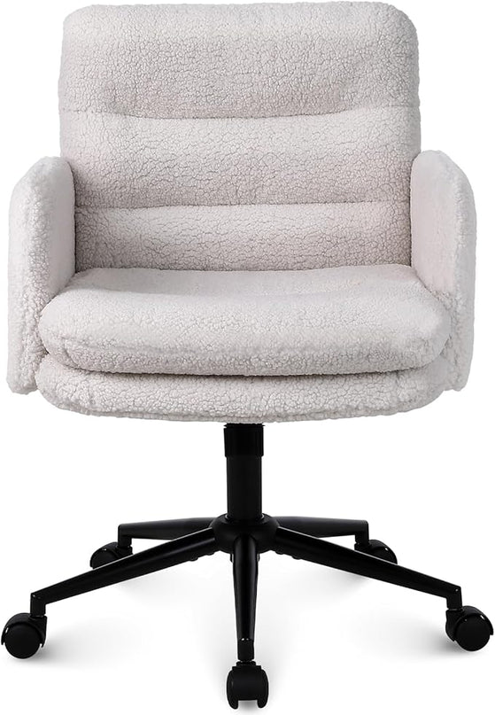 Adjustable Height Home Office Chair, Modern Mid Back Computer Desk Chair with Wheels, Ergonomic Upholstered Swivel Chair, Cream - LeafyLoom