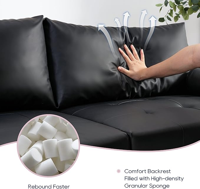 Vonanda Faux Leather Sofa Couch, Mid-Century 73 Inch 3 Seater Leather Couch with Wood Grain Metal Legs and Bolster Pillows for Living Room,Elegant Black - LeafyLoom