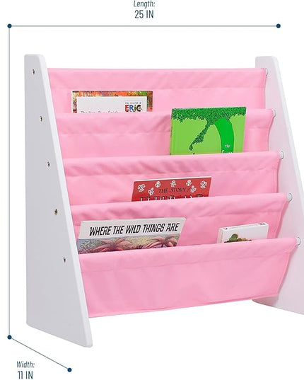 Wildkin Kids Canvas Sling Bookshelf for Boys and Girls, Wooden Design Features Four Fabric Shelves, Keep Bedrooms, Playrooms, and Classrooms Organized, Measures 25 x 24 x 11 Inches (White w/ Pink) - LeafyLoom