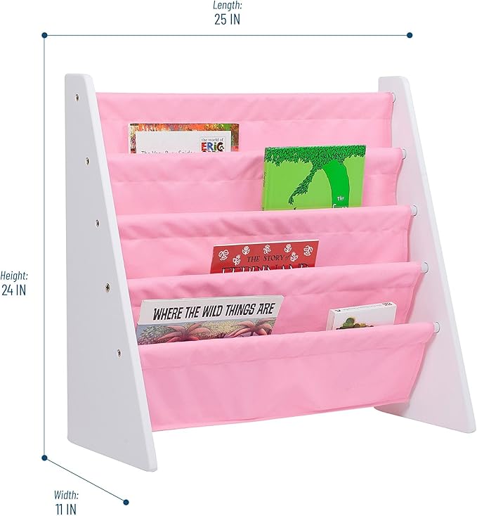 Wildkin Kids Canvas Sling Bookshelf for Boys and Girls, Wooden Design Features Four Fabric Shelves, Keep Bedrooms, Playrooms, and Classrooms Organized, Measures 25 x 24 x 11 Inches (White w/ Pink) - LeafyLoom