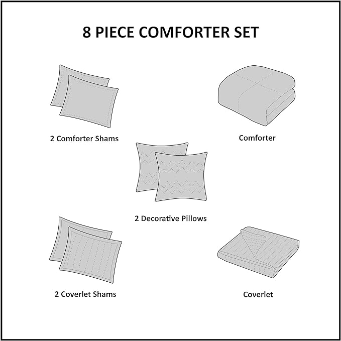 Madison Park Heritage Comforter Quilt Combo Set - Modern Luxury Design, All Season Down Alternative Bedding, Matching Shams, Decorative Pillows, Full/Queen(90"x90"), Color Block Grey 8 Piece - LeafyLoom