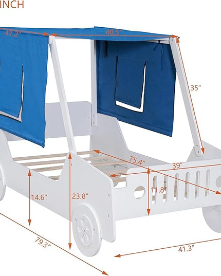 Twin Size Kids Car Bed with Tent Canopy & Wheels,Wood Bedframe W/Safty Grille,Raised Base Design,Easy to Assemble,Toddler Boys Car-Shaped Bedroom Beds for Reading Playing Relaxing,White - LeafyLoom