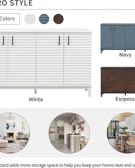 60" Sideboard with 4 Door Large,Retro Wooden Buffet Cabinet,W/Adjustable Shelves and Metal Handles,Console Table for Living Room Bedroom Kitchen,Antique White - LeafyLoom
