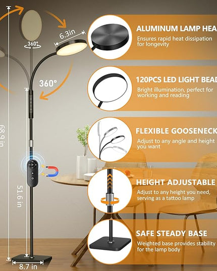 LED Floor Lamp, Height Adjustable Floor Lamps for Living Room, Super Bright Standing Lamp with Timer, Adjustable Colors & Brightness Floor lamp for Bedroom with Remote & Touch Control, Black - LeafyLoom