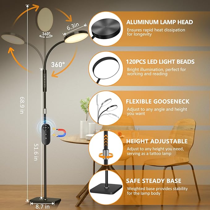 LED Floor Lamp, Height Adjustable Floor Lamps for Living Room, Super Bright Standing Lamp with Timer, Adjustable Colors & Brightness Floor lamp for Bedroom with Remote & Touch Control, Black - LeafyLoom