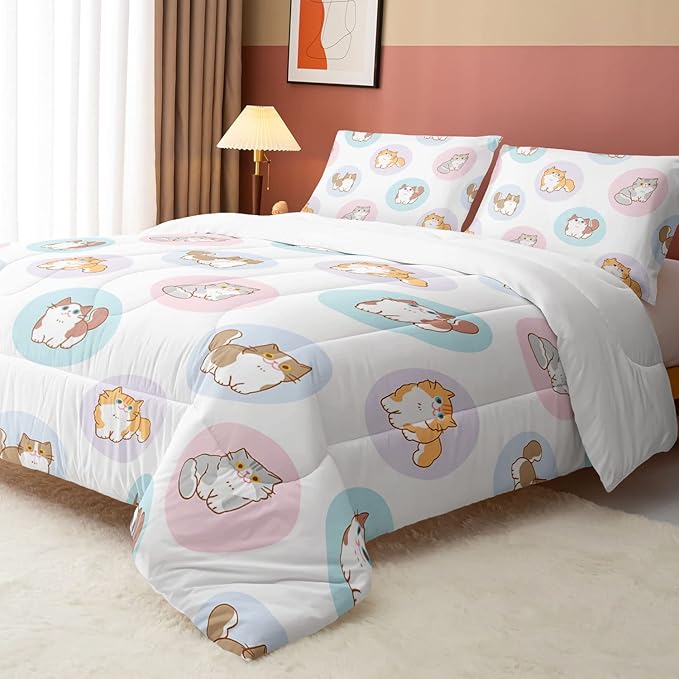 Datura home White Kawaii Cat Comforter Bedding Set Girls Kitten White Print Cute Animal Pattern Bedding Set 1 Comforter 2 Pillowcases Girls Bedroom All Season(Cat White Full) Full 80x90'' - LeafyLoom
