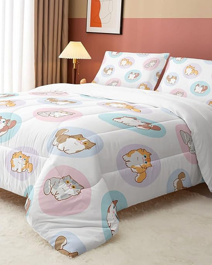 Datura home White Kawaii Cat Comforter Bedding Set for Girls Kitten White Print Cute Animal Pattern Bedding Set with 1 Comforter and 2 Pillowcases for Girls Bedroom All Season(Cat White Twin) - LeafyLoom