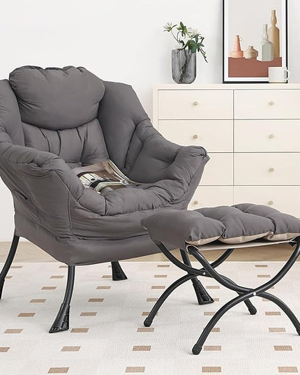 Lazy Chair with Ottoman, Modern Chair with Folding Footrest, Lounge Accent Chair, Comfortable Reading Chair, Oversized Armchairs for Bedroom, Study, Living Room, Courtyard (Dark Grey) - LeafyLoom
