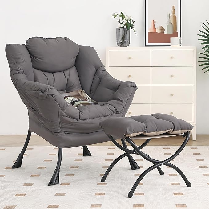 Lazy Chair with Ottoman, Modern Chair with Folding Footrest, Lounge Accent Chair, Comfortable Reading Chair, Oversized Armchairs for Bedroom, Study, Living Room, Courtyard (Dark Grey) - LeafyLoom