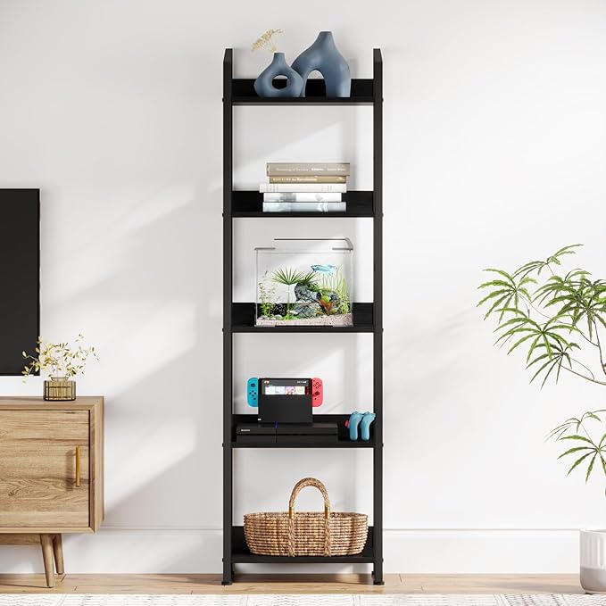 5 Tier Narrow Bookshelf: Tall Bookcase Book Shelf for Bedroom, Industrial Modern Bookshelves for Small Spaces (Black) - LeafyLoom