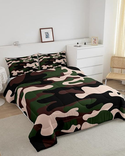 Twin Size Camouflage Comforter Set 3Pcs Kids Bedding Set for Boys Girls Teens 1 Comforter & 2 Pillowcases(Twin,Army Green) Boys - LeafyLoom