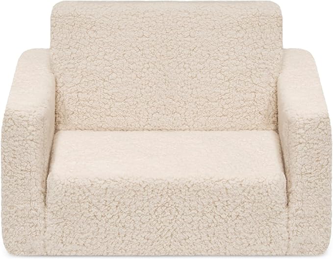 Delta Children Cozee Flip-Out Sherpa 2-in-1 Convertible Chair to Lounger for Kids, Cream - LeafyLoom