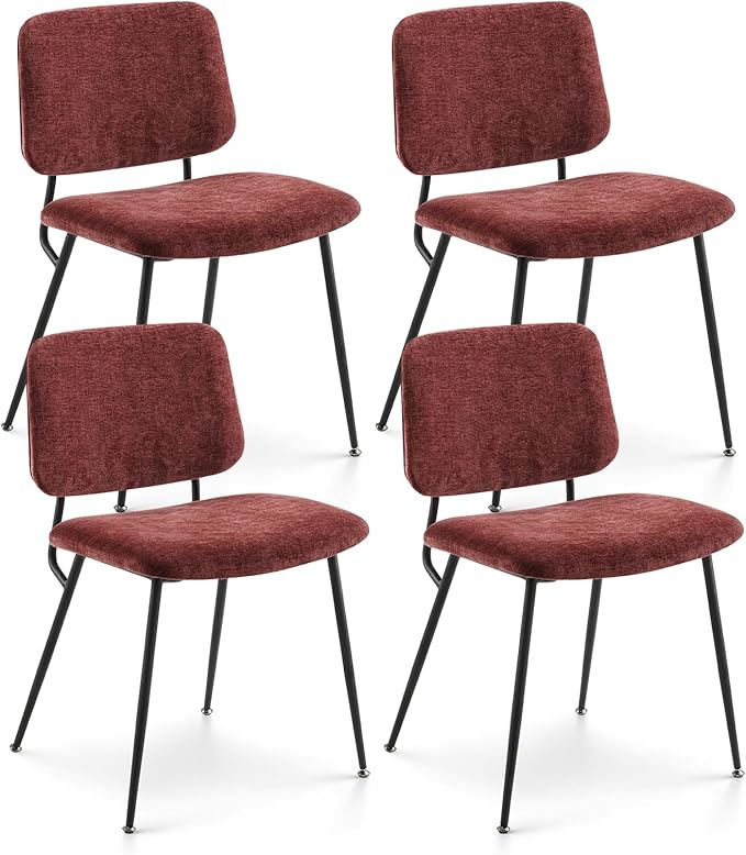 COLAMY Modern Upholstered Fabric Dining Room Accent Diner Stylish Kitchen Chairs with Solid Metal Legs, set of 4, Red - LeafyLoom