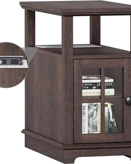 HIFYOBRO Narrow End Table with Flip Top Charging Station and Storage Cabinet, Type-C & USB port & Power outlets, Adjustable Shelf, Narrow Side Table with Storage for Living Room and Bedroom - LeafyLoom