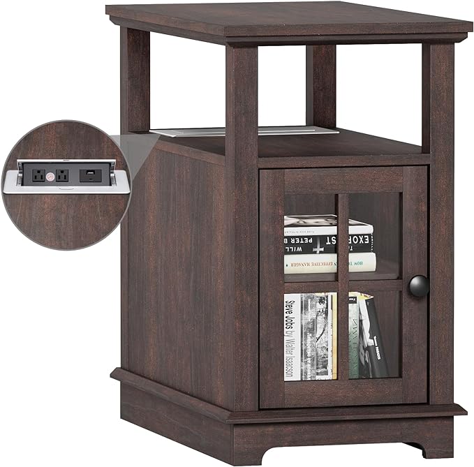 HIFYOBRO Narrow End Table with Flip Top Charging Station and Storage Cabinet, Type-C & USB port & Power outlets, Adjustable Shelf, Narrow Side Table with Storage for Living Room and Bedroom - LeafyLoom