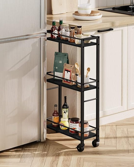 Slim Rolling Cart, Mobile Kitchen Cart on Wheels, Narrow Storage Cart for Small Space, Wooden Service Cart, for Bathroom, Laundry, Living Room, Black RCHB1501 - LeafyLoom