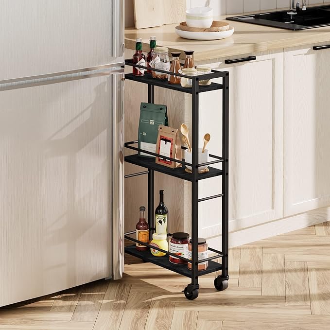 Slim Rolling Cart, Mobile Kitchen Cart on Wheels, Narrow Storage Cart for Small Space, Wooden Service Cart, for Bathroom, Laundry, Living Room, Black RCHB1501 - LeafyLoom
